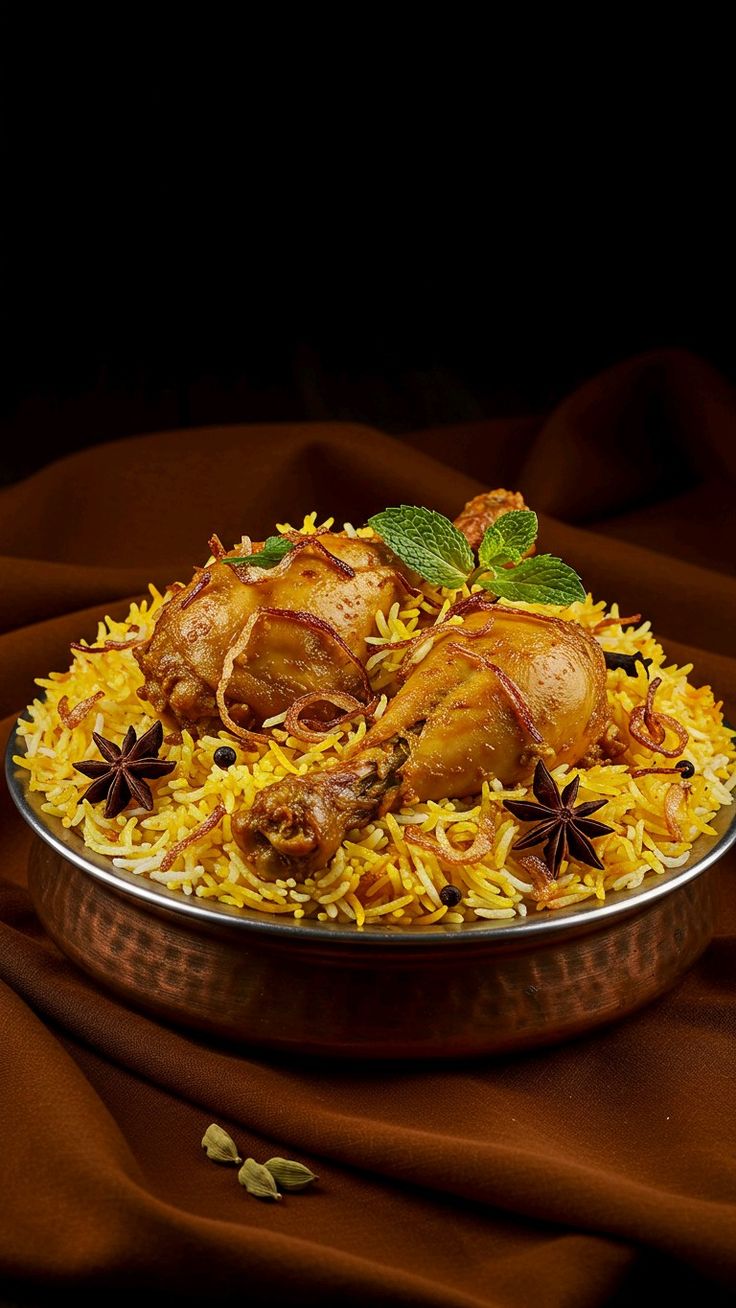 Chicken biryani with seasoned rice and herbs