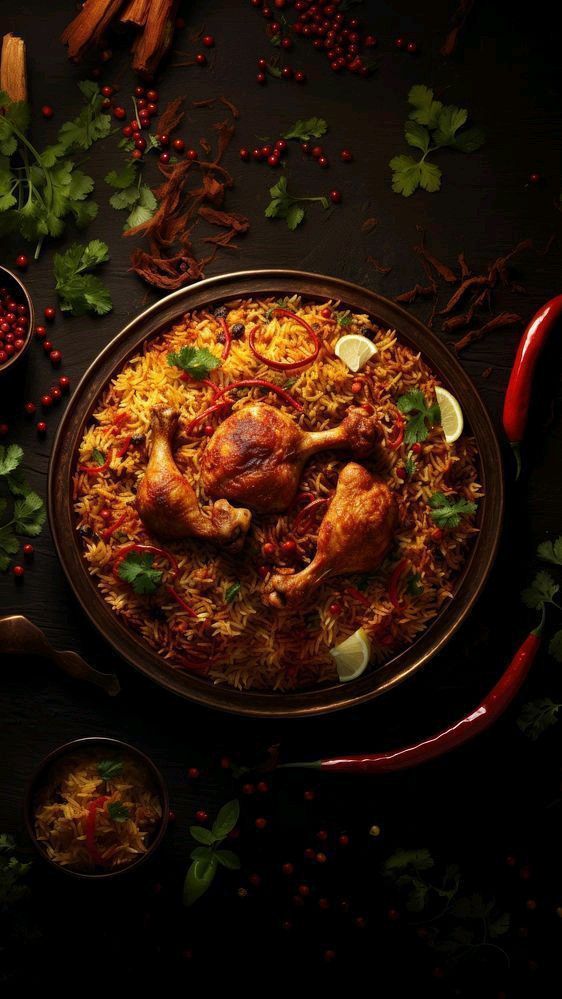 A tempting serving of Indian chicken biryani with fragrant rice and spices